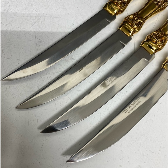 F. B. Rogers Steak Knife Set Goldplated French Rose - Picture 8 of 14